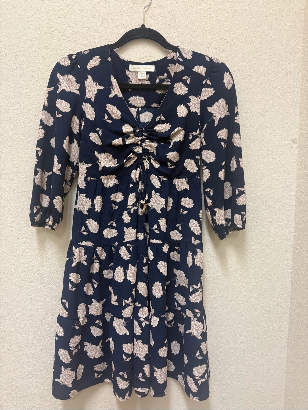 Monteau Navy Dress with Soft Pink Floral Print and Tie Front